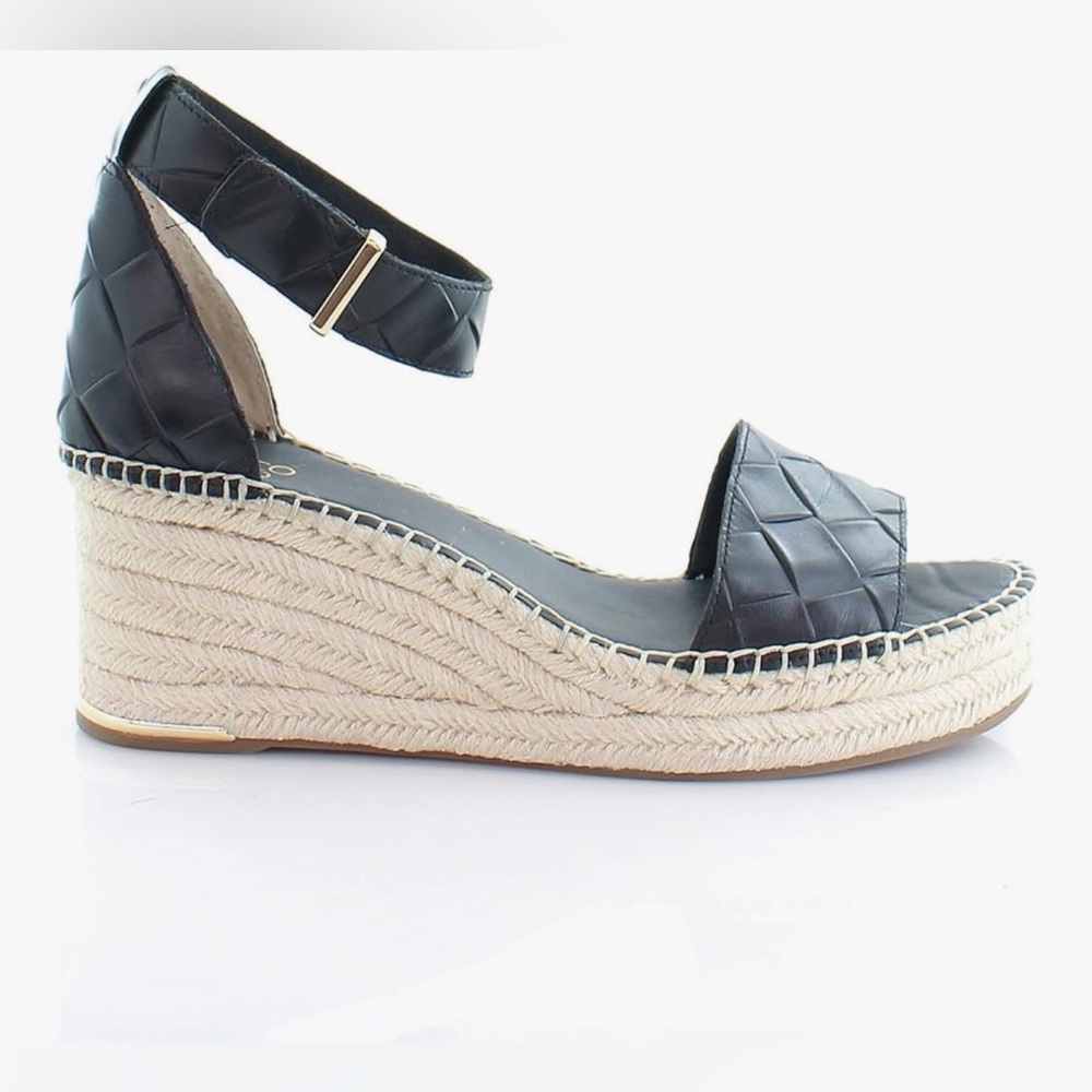 Franco Sarto Clemens Espadrille Wedge Sandals Black Leather Woven Strap Jute, 8 - Picture 6 of 11